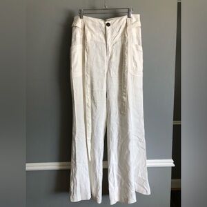 Anthro Linen Blend Belted White Wide Leg Pants